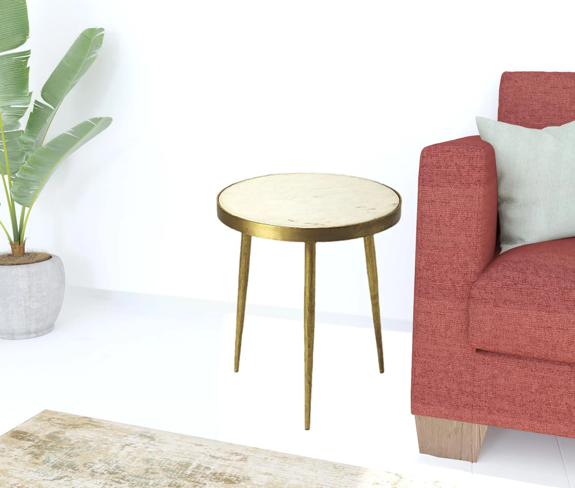18" Gold And White Marble Round End Table By Homeroots