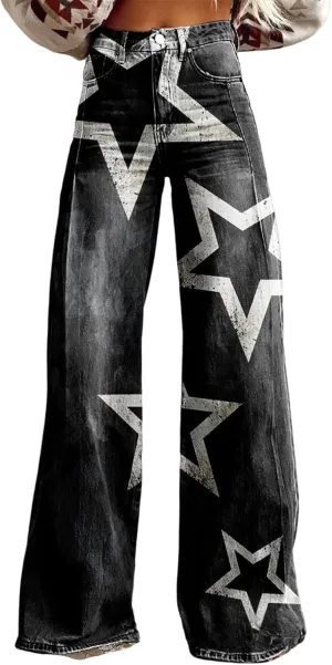 2025 Summer Vintage Baggy Imitate Jean for Woman, Floral Print Flare Imitation Jeans for Womens, Dark Wash Baggy Pants