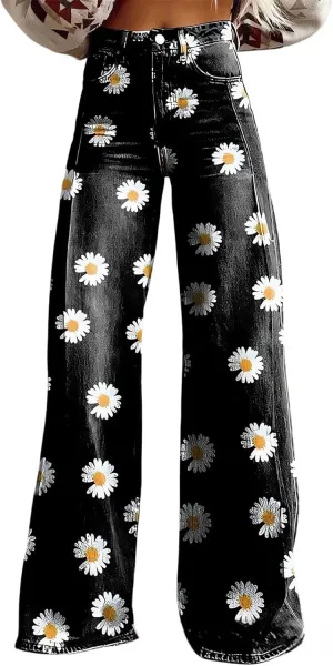 2025 Summer Vintage Baggy Imitate Jean for Woman, Floral Print Flare Imitation Jeans for Womens, Dark Wash Baggy Pants