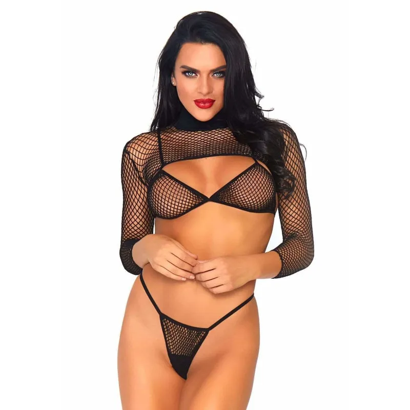 3 Pc. Industrial Net Bikini Top Thong and Long  Sleeved Crop Top - One Size - Black