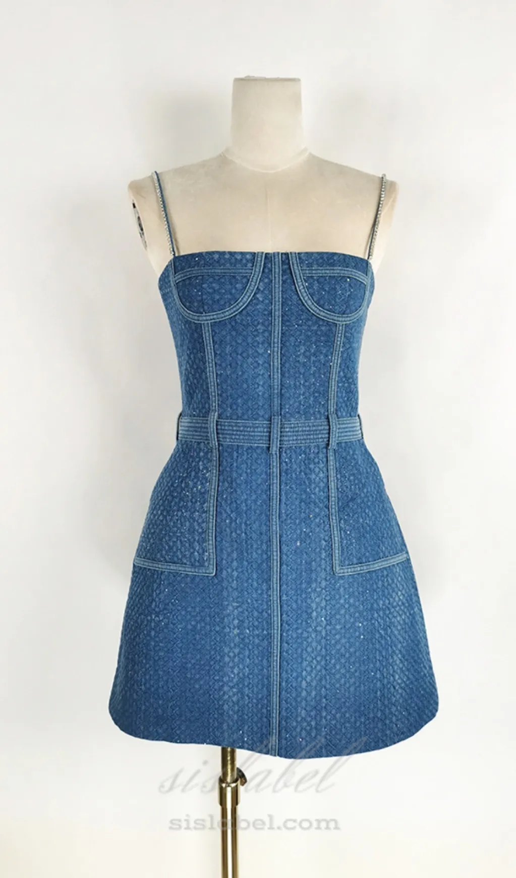 ANDREA DENIM RHINESTONE SUSPENDER MINI DRESS IN BLUE