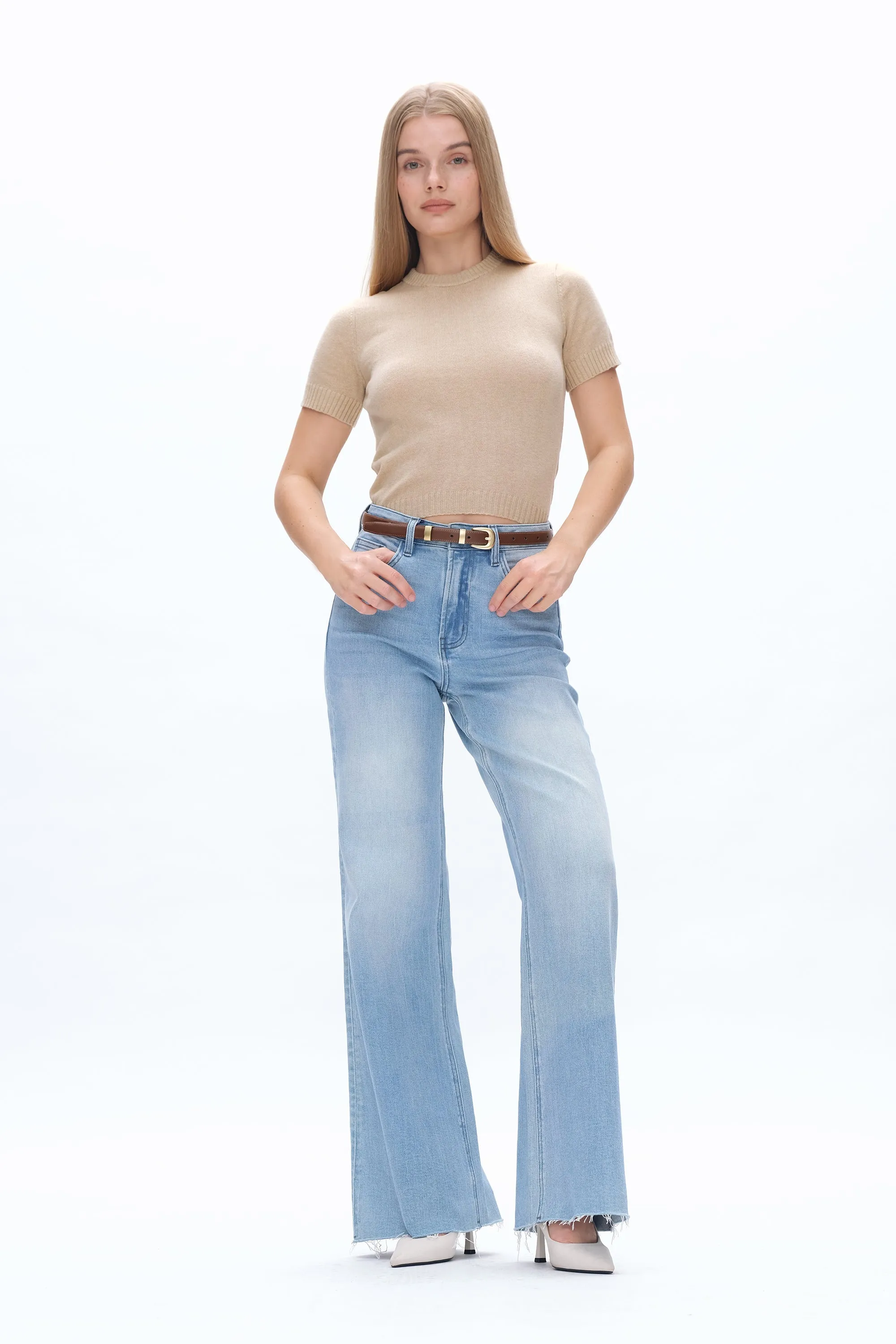 Bella High Rise Wide Leg Denim Jeans With Raw Hem