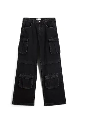 Bershka wide cargo jeans, black