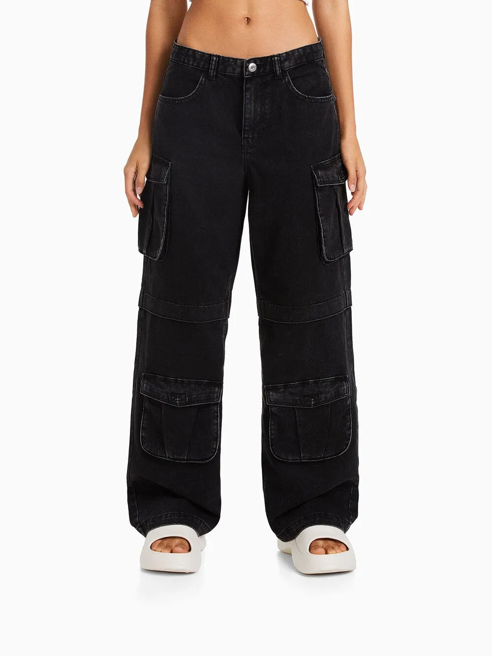 Bershka wide cargo jeans, black