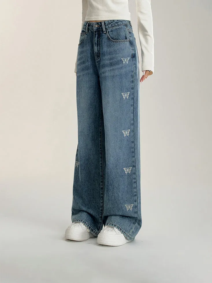 Blue & White Butterfly Printed Jeans