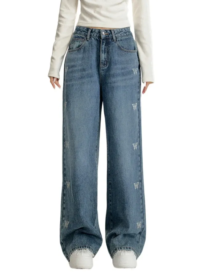 Blue & White Butterfly Printed Jeans