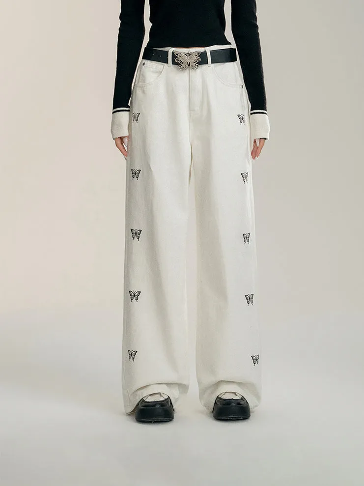 Blue & White Butterfly Printed Jeans