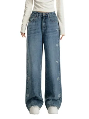 Blue & White Butterfly Printed Jeans