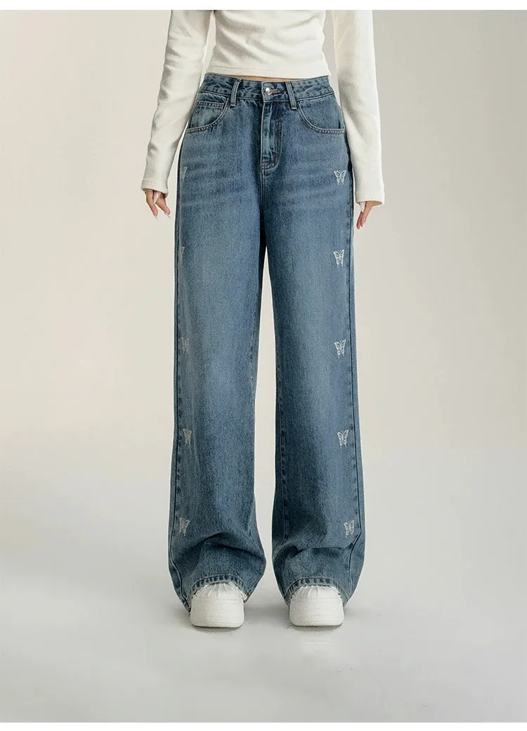 Blue & White Butterfly Printed Jeans
