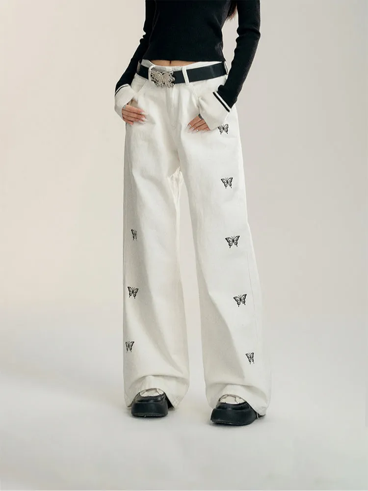 Blue & White Butterfly Printed Jeans