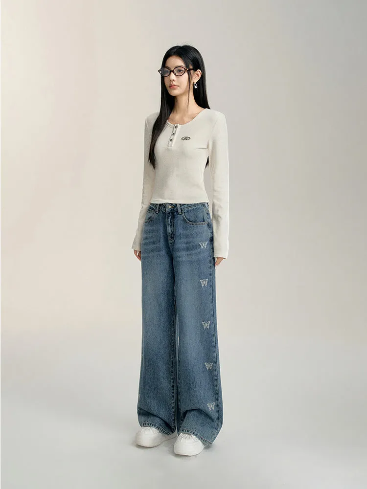 Blue & White Butterfly Printed Jeans