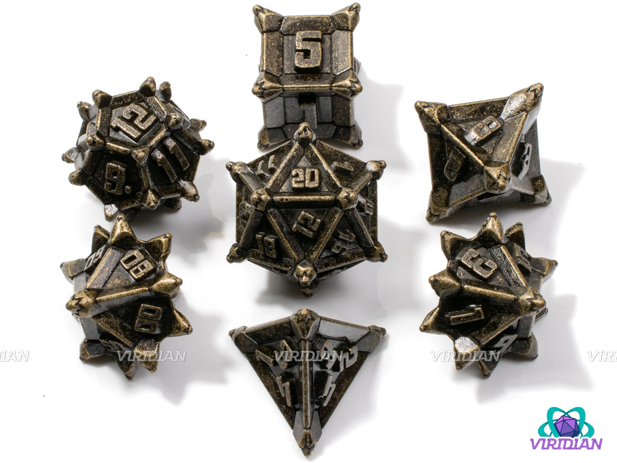 Bronze Caltrops | Spikey, Mine-like, Yellow-Brown Aged Distressed, Unusual | Metal Dice Set (7)