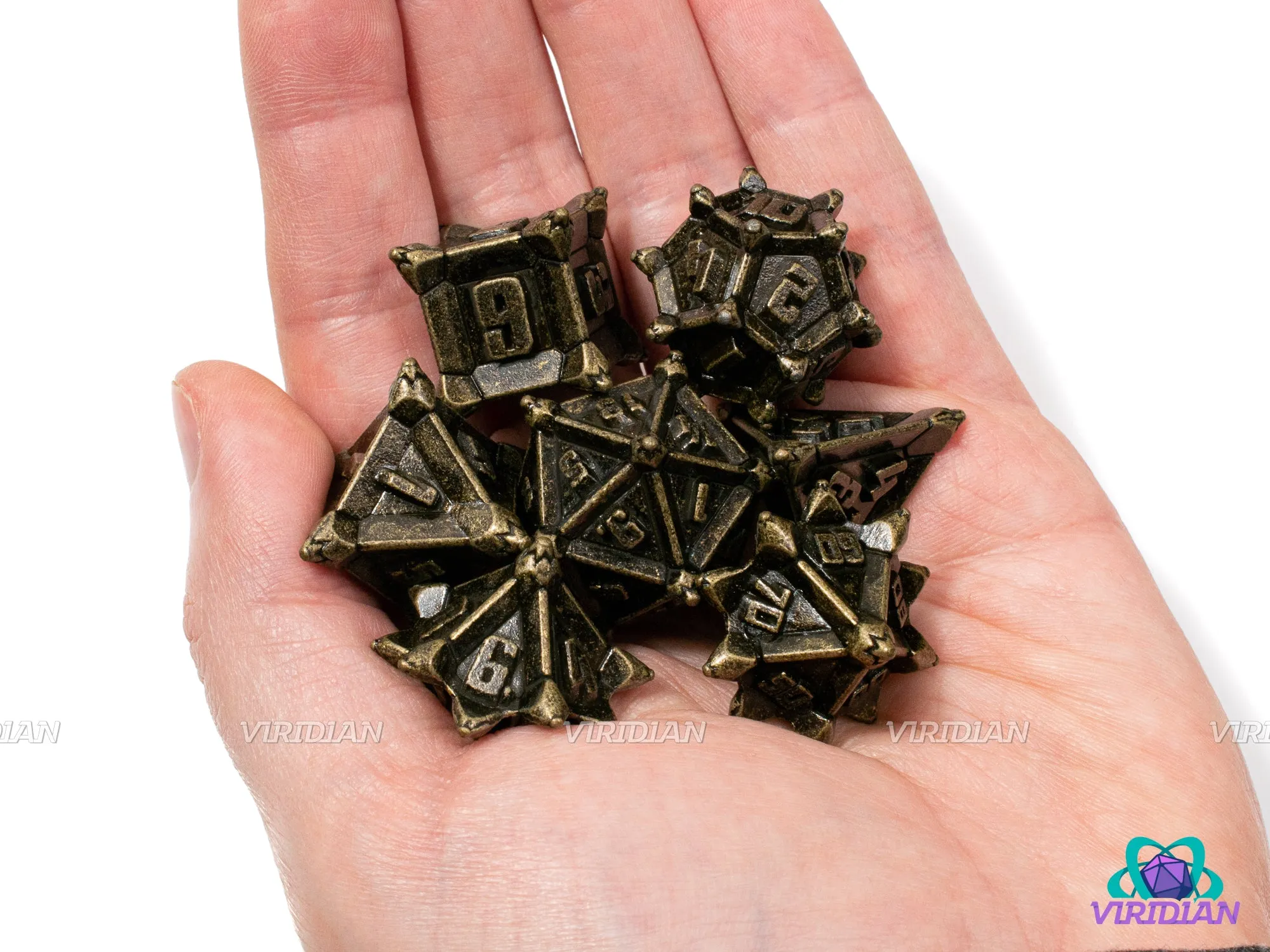 Bronze Caltrops | Spikey, Mine-like, Yellow-Brown Aged Distressed, Unusual | Metal Dice Set (7)