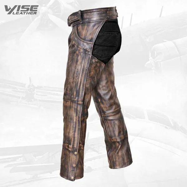 Brown Distressed Leather Motorcycle Biker Chaps with Jeans Pocket