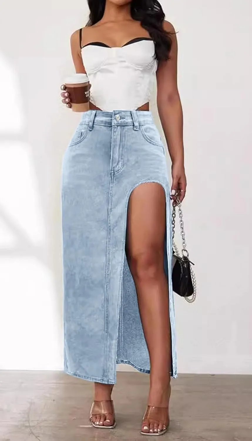 CHARTOU Women's Sexy High Split Slim Fit Maxi Long Pencil Denim Jean Skirt