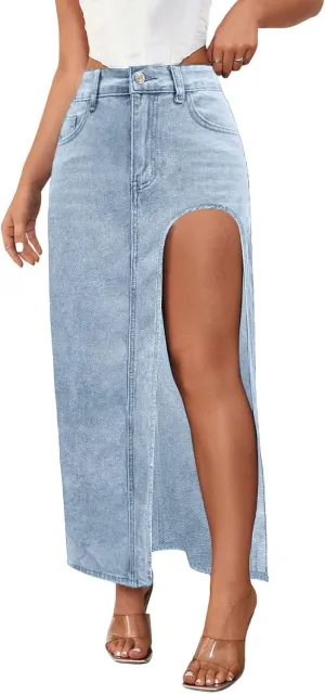 CHARTOU Women's Sexy High Split Slim Fit Maxi Long Pencil Denim Jean Skirt