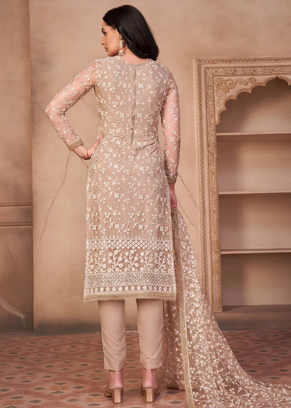 Chiku Beige Mono Net Festival Wear Pant Suit
