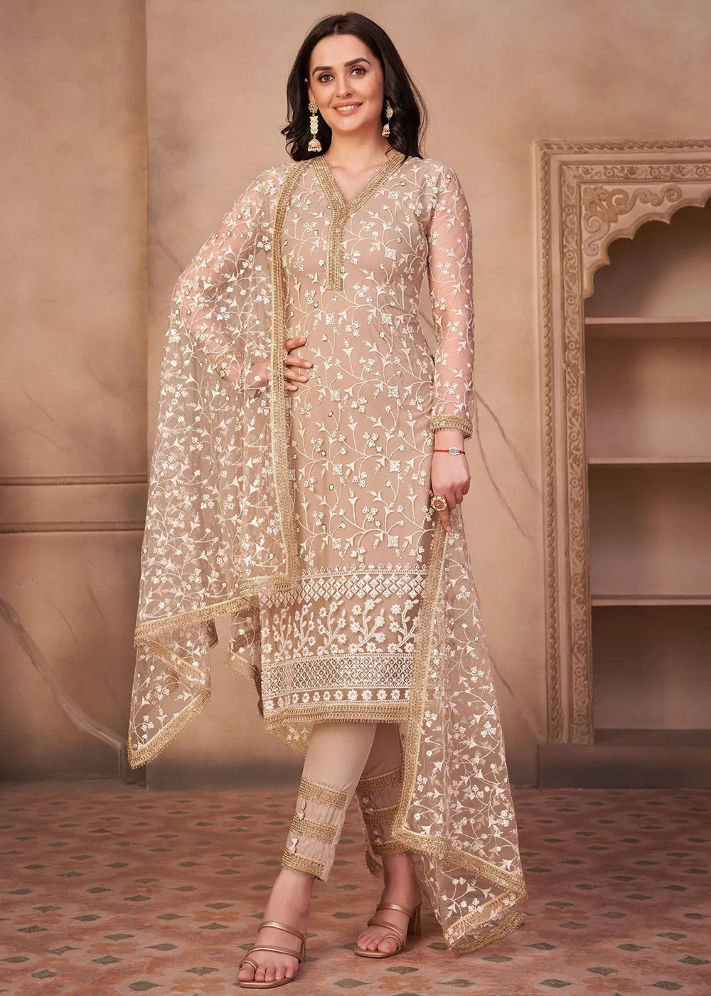 Chiku Beige Mono Net Festival Wear Pant Suit