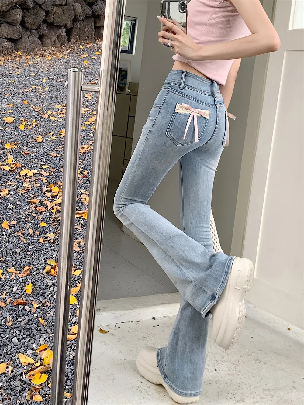 Creamy Sweet Coquette Bow Denim Jeans Pants