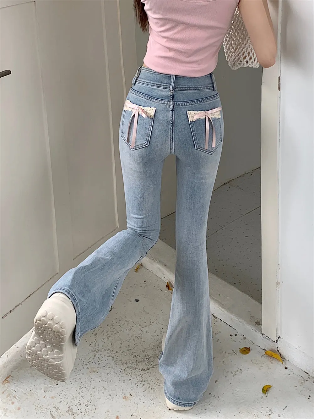 Creamy Sweet Coquette Bow Denim Jeans Pants
