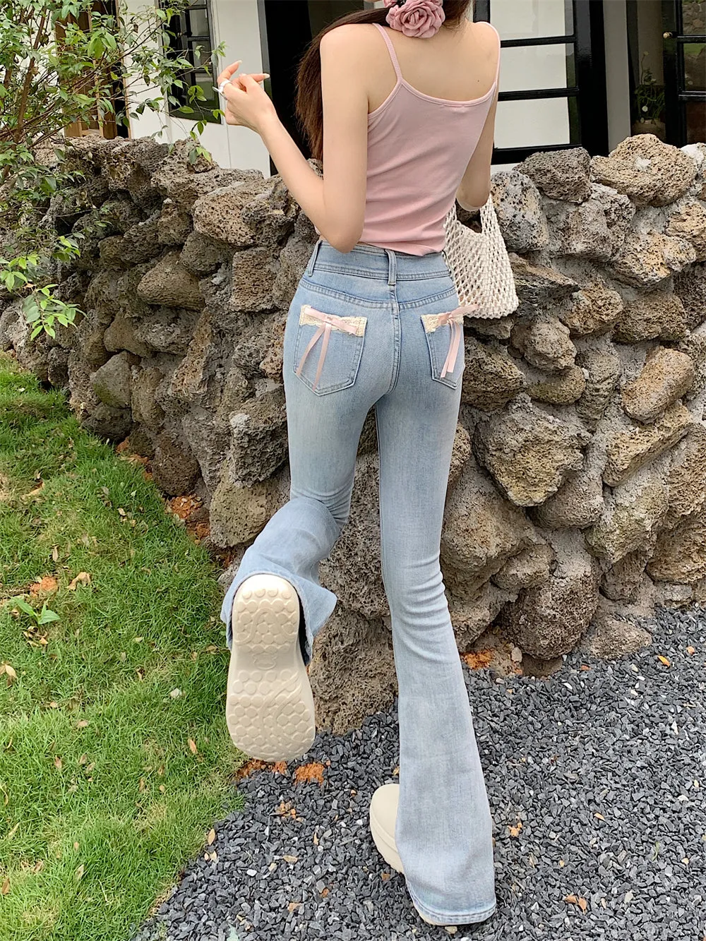 Creamy Sweet Coquette Bow Denim Jeans Pants