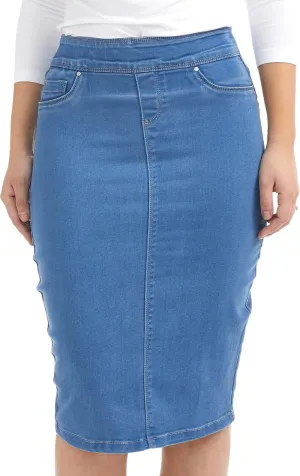 ESTEEZ High Waisted Pull-on Knee Length Stretch Denim Jean Skirt for Women - Siena