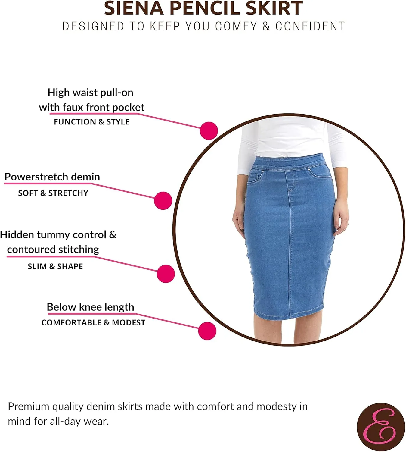 ESTEEZ High Waisted Pull-on Knee Length Stretch Denim Jean Skirt for Women - Siena