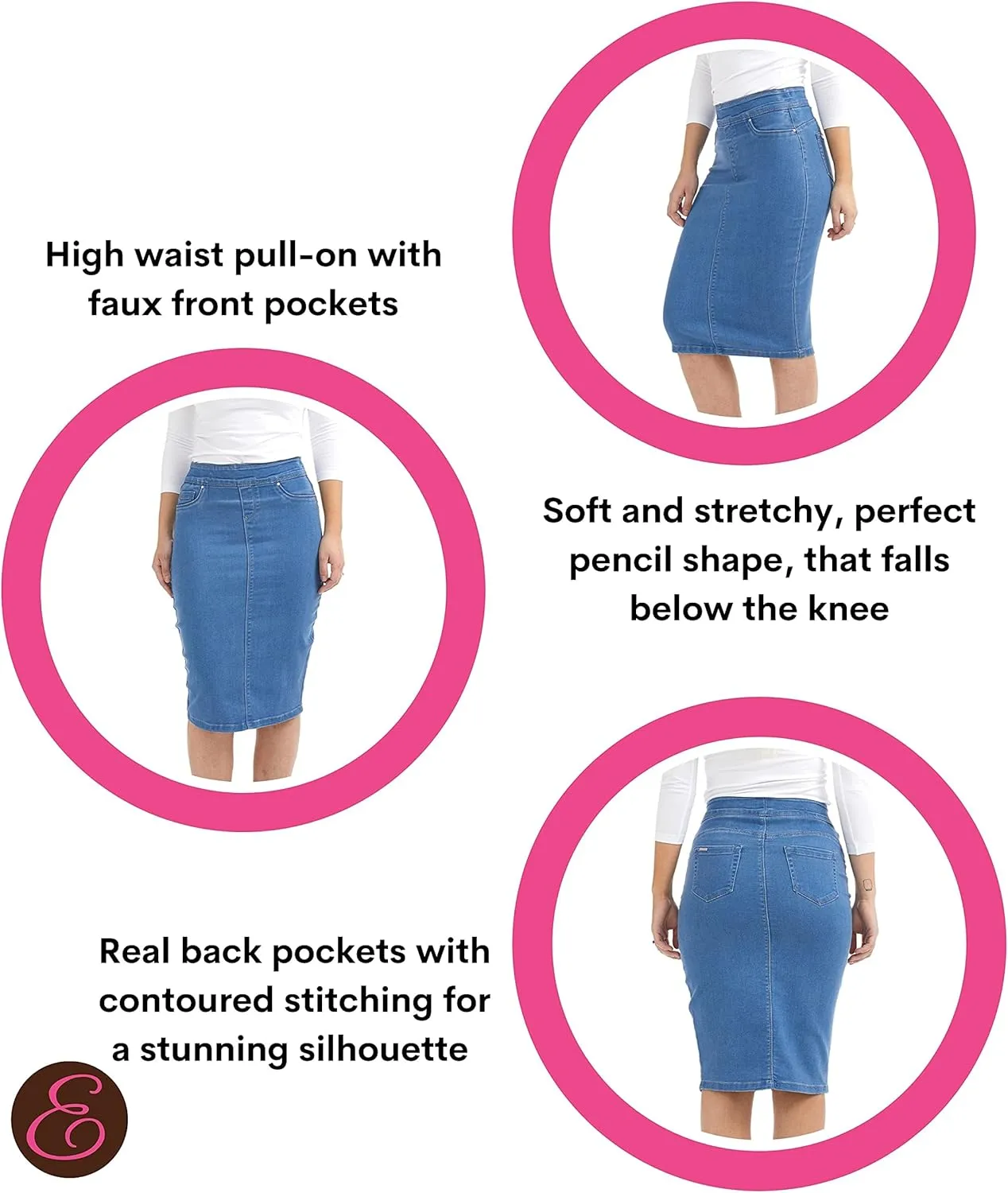 ESTEEZ High Waisted Pull-on Knee Length Stretch Denim Jean Skirt for Women - Siena