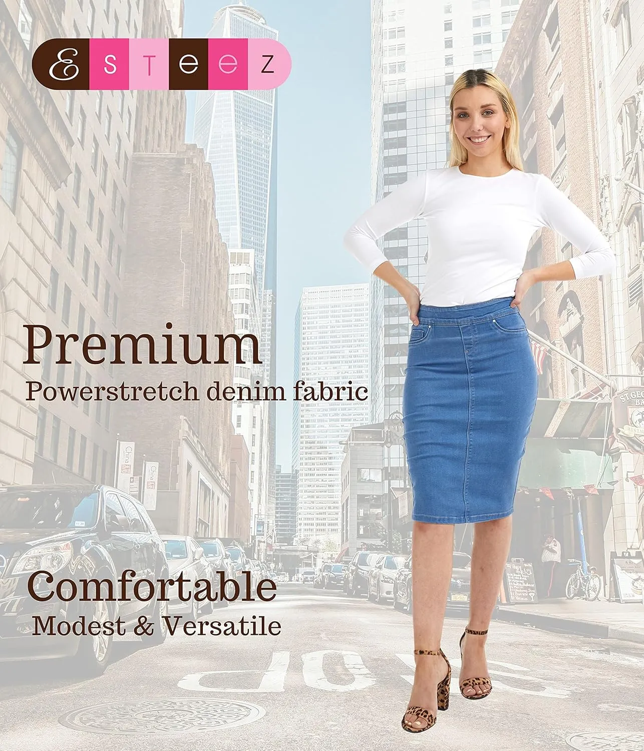 ESTEEZ High Waisted Pull-on Knee Length Stretch Denim Jean Skirt for Women - Siena