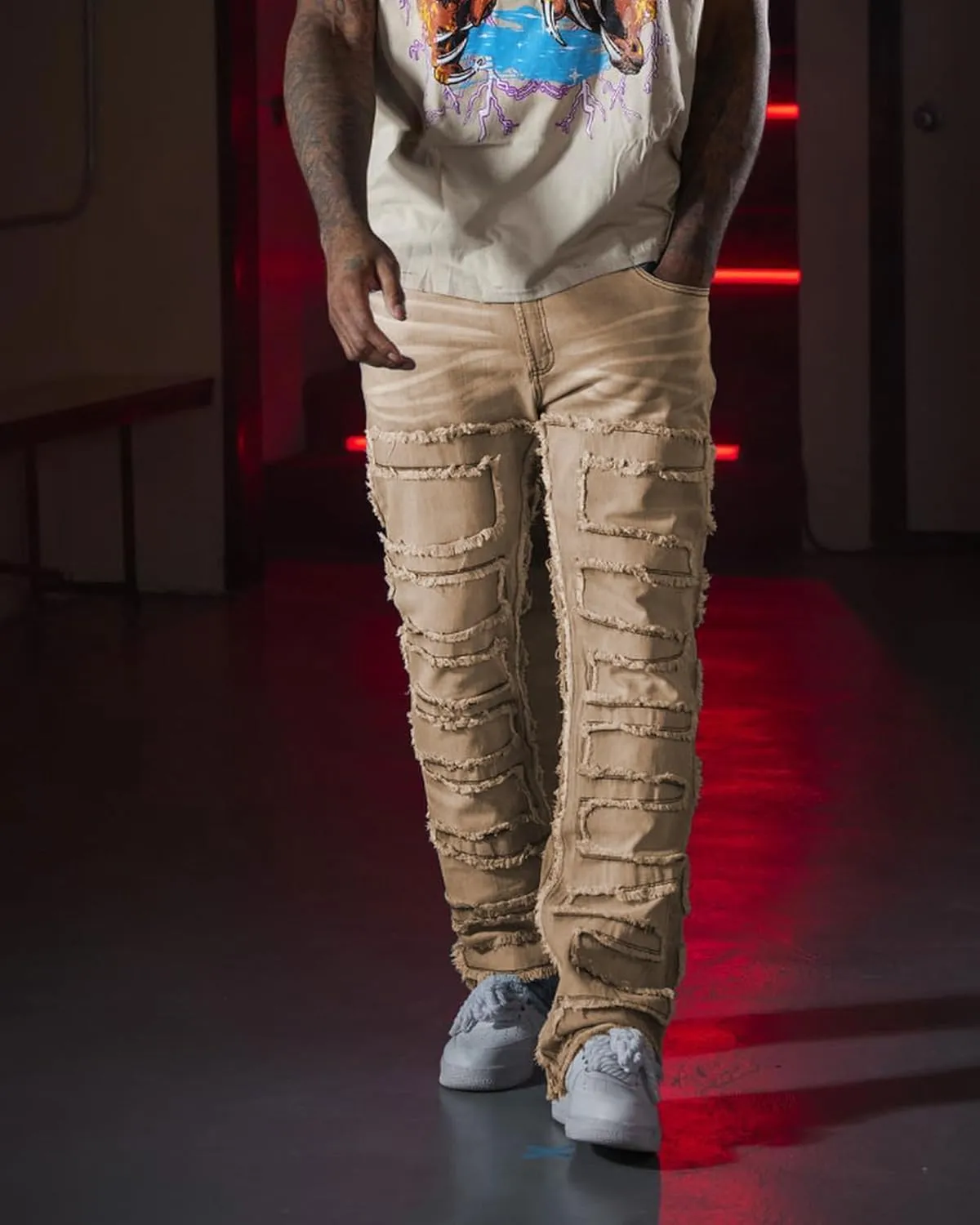 EVEDESIGN Y2K Stacked Jeans for Men - Slim Fit, Skinny and Ripped Streetwear Pants
