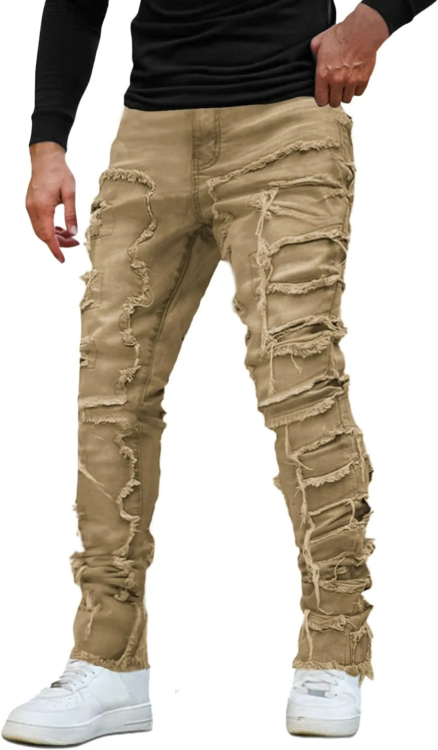 EVEDESIGN Y2K Stacked Jeans for Men - Slim Fit, Skinny and Ripped Streetwear Pants