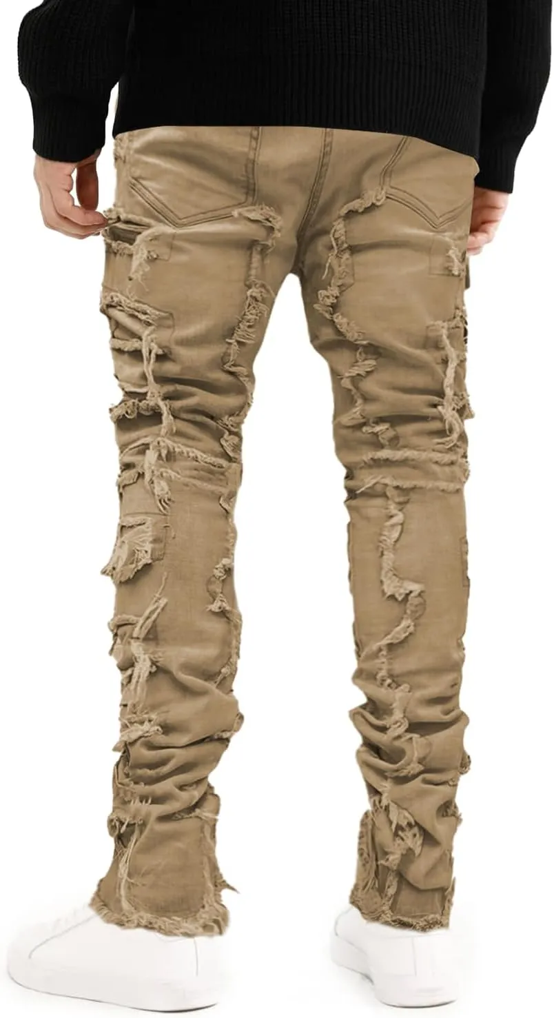 EVEDESIGN Y2K Stacked Jeans for Men - Slim Fit, Skinny and Ripped Streetwear Pants