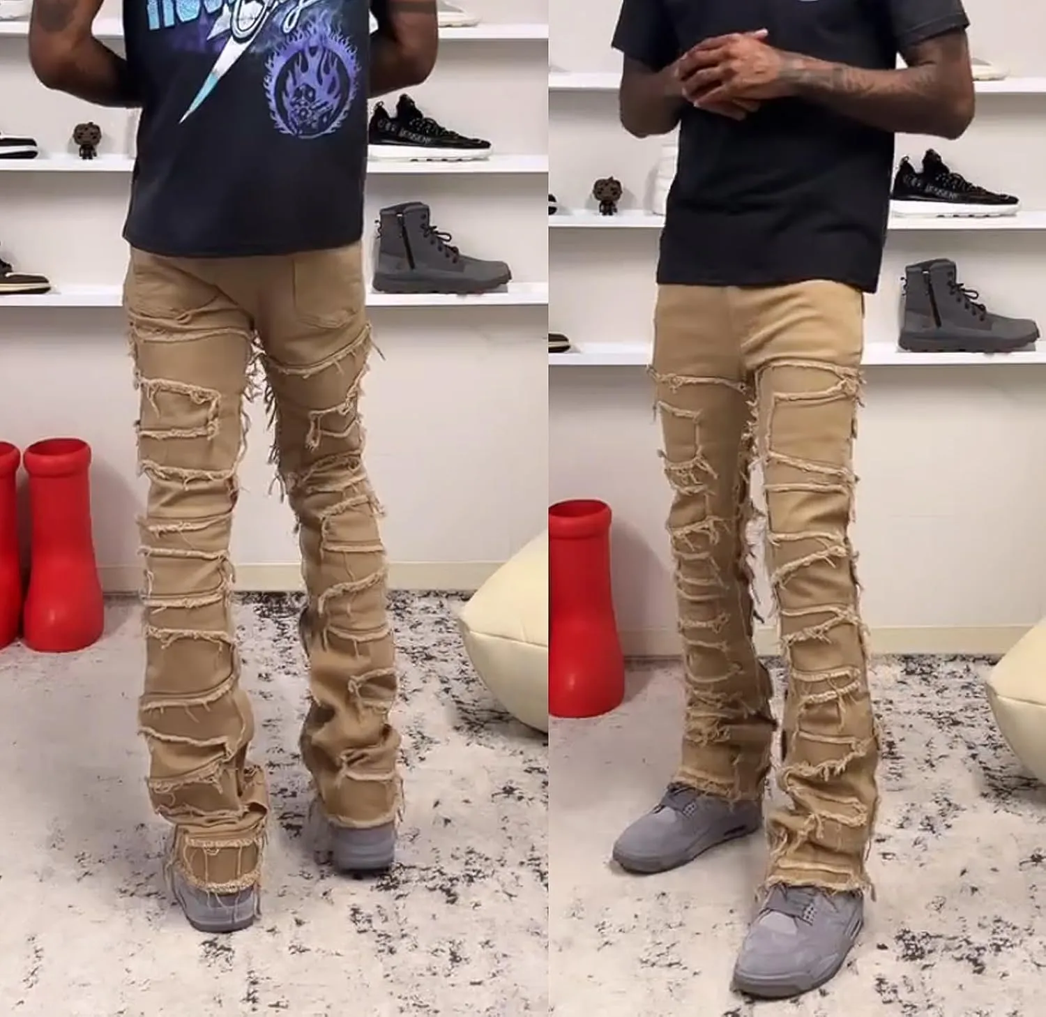 EVEDESIGN Y2K Stacked Jeans for Men - Slim Fit, Skinny and Ripped Streetwear Pants