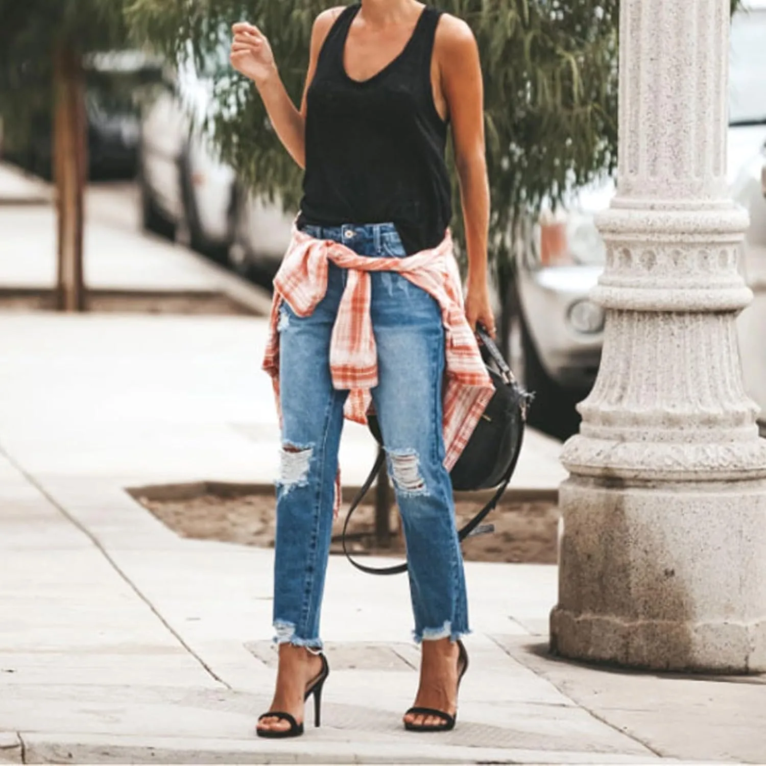 fanmpghleoo Ripped Jeans Womens Stretchy Slim Fit Distressed Straight Leg Jeans Lightweight Casual Trendy Denim Cropped Pants