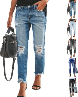 fanmpghleoo Ripped Jeans Womens Stretchy Slim Fit Distressed Straight Leg Jeans Lightweight Casual Trendy Denim Cropped Pants