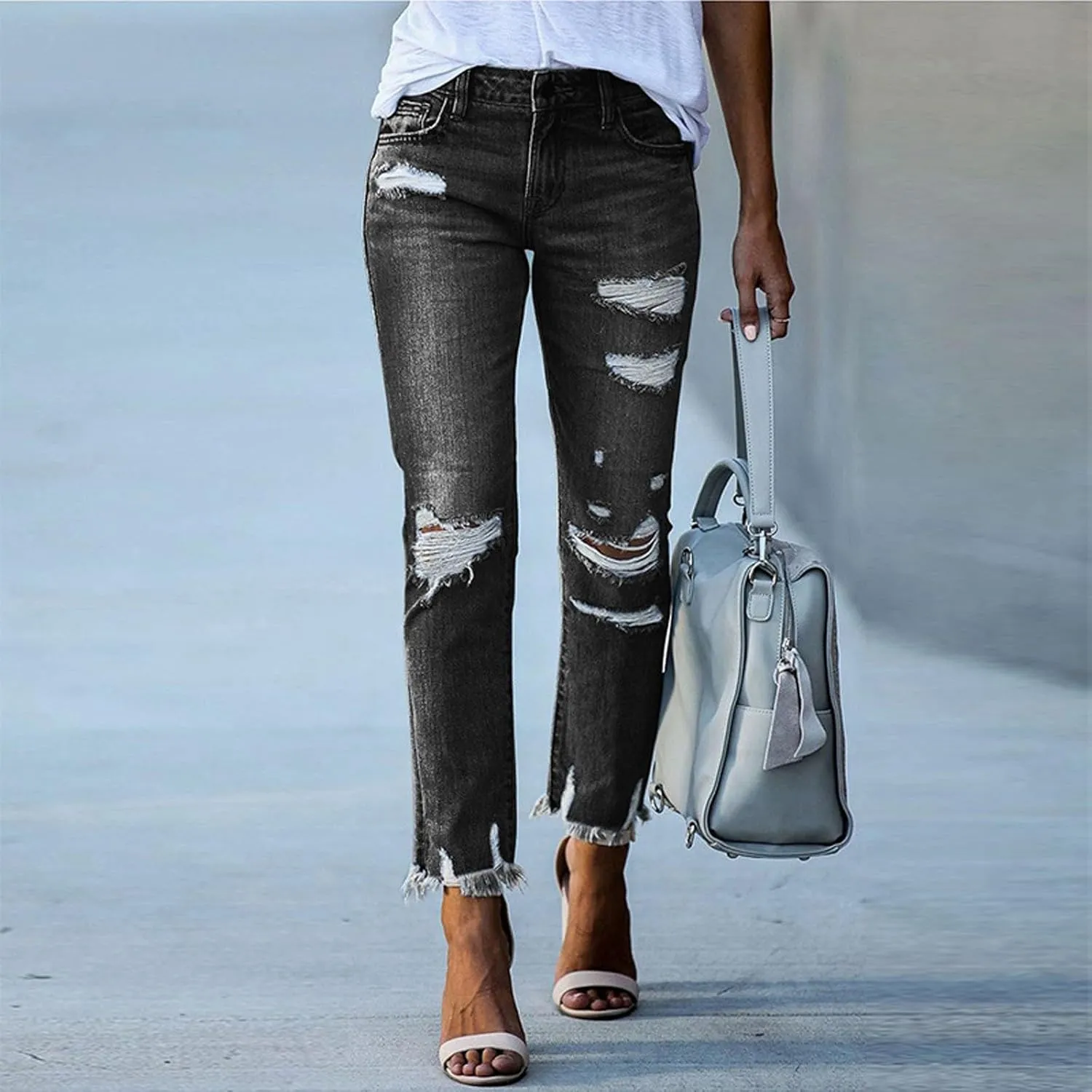 fanmpghleoo Ripped Jeans Womens Stretchy Slim Fit Distressed Straight Leg Jeans Lightweight Casual Trendy Denim Cropped Pants