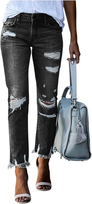 fanmpghleoo Ripped Jeans Womens Stretchy Slim Fit Distressed Straight Leg Jeans Lightweight Casual Trendy Denim Cropped Pants