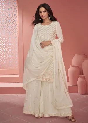 Georgette Attractive Off White Embroidered Palazzo Suit