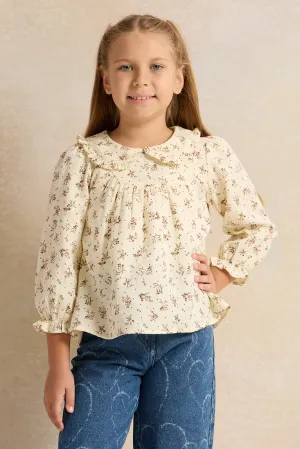 Girls Beige Printed  Blouse