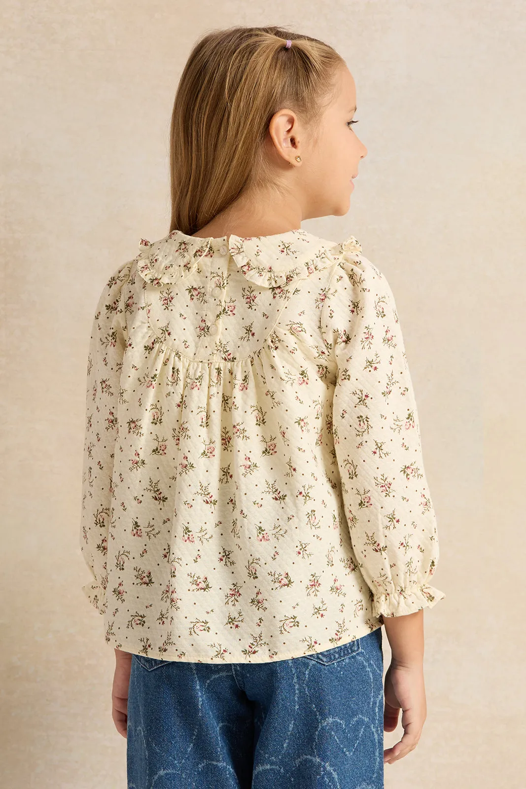 Girls Beige Printed  Blouse