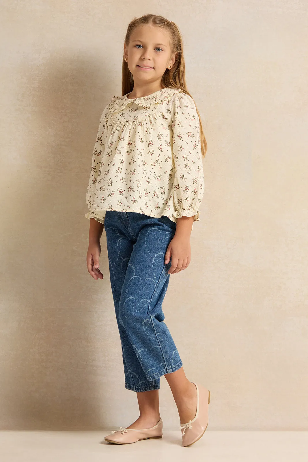 Girls Beige Printed  Blouse