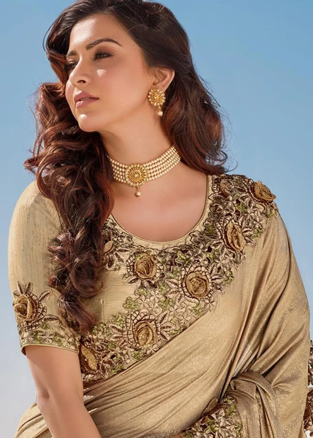 Golden Beige Floral Embroidered Net Saree