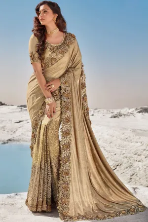Golden Beige Floral Embroidered Net Saree