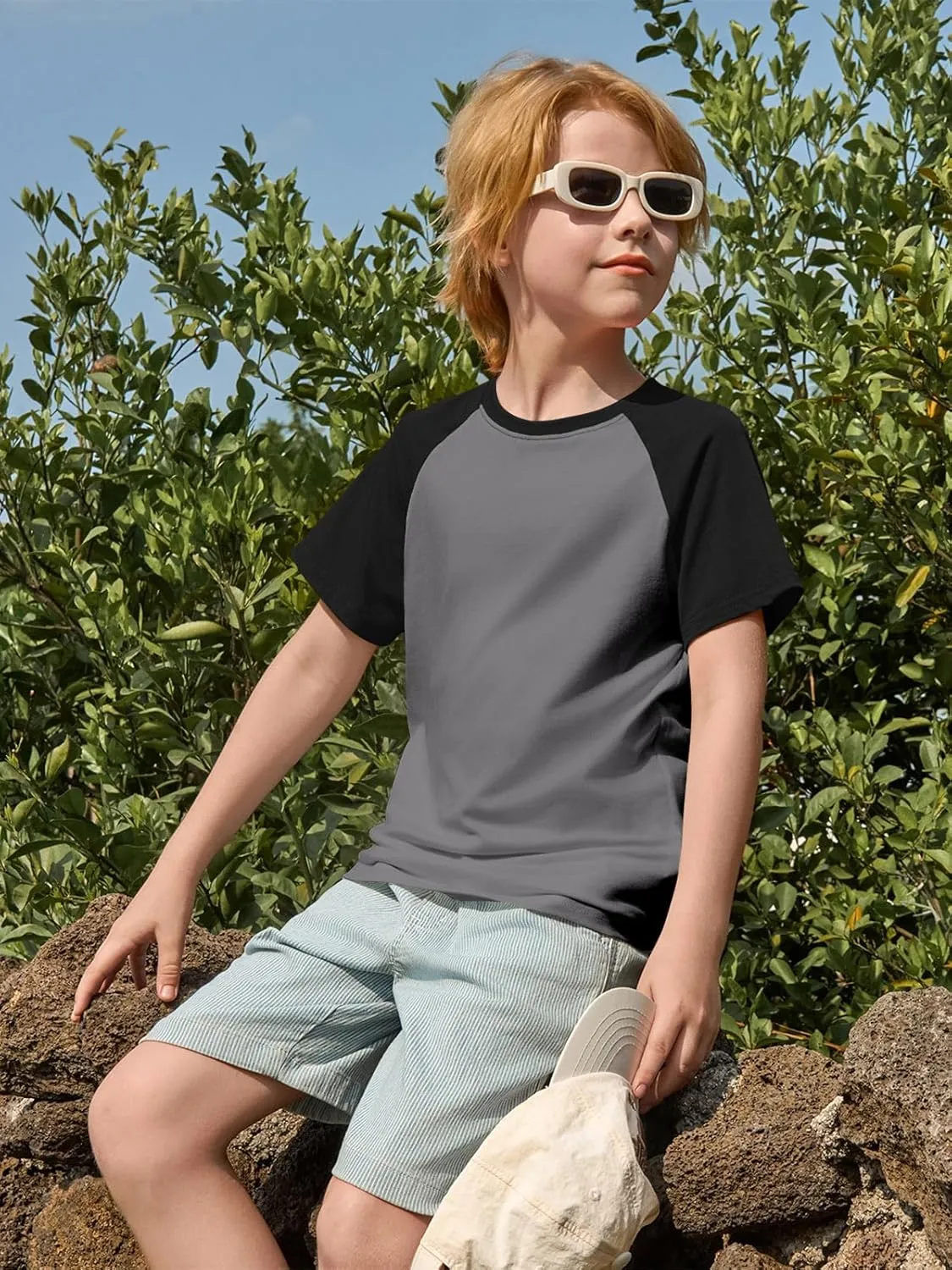 Haloumoning Boys Short Sleeve Raglan T Shirts Kids Basic Color-Block Tops Crewneck Tees 5-14 Years