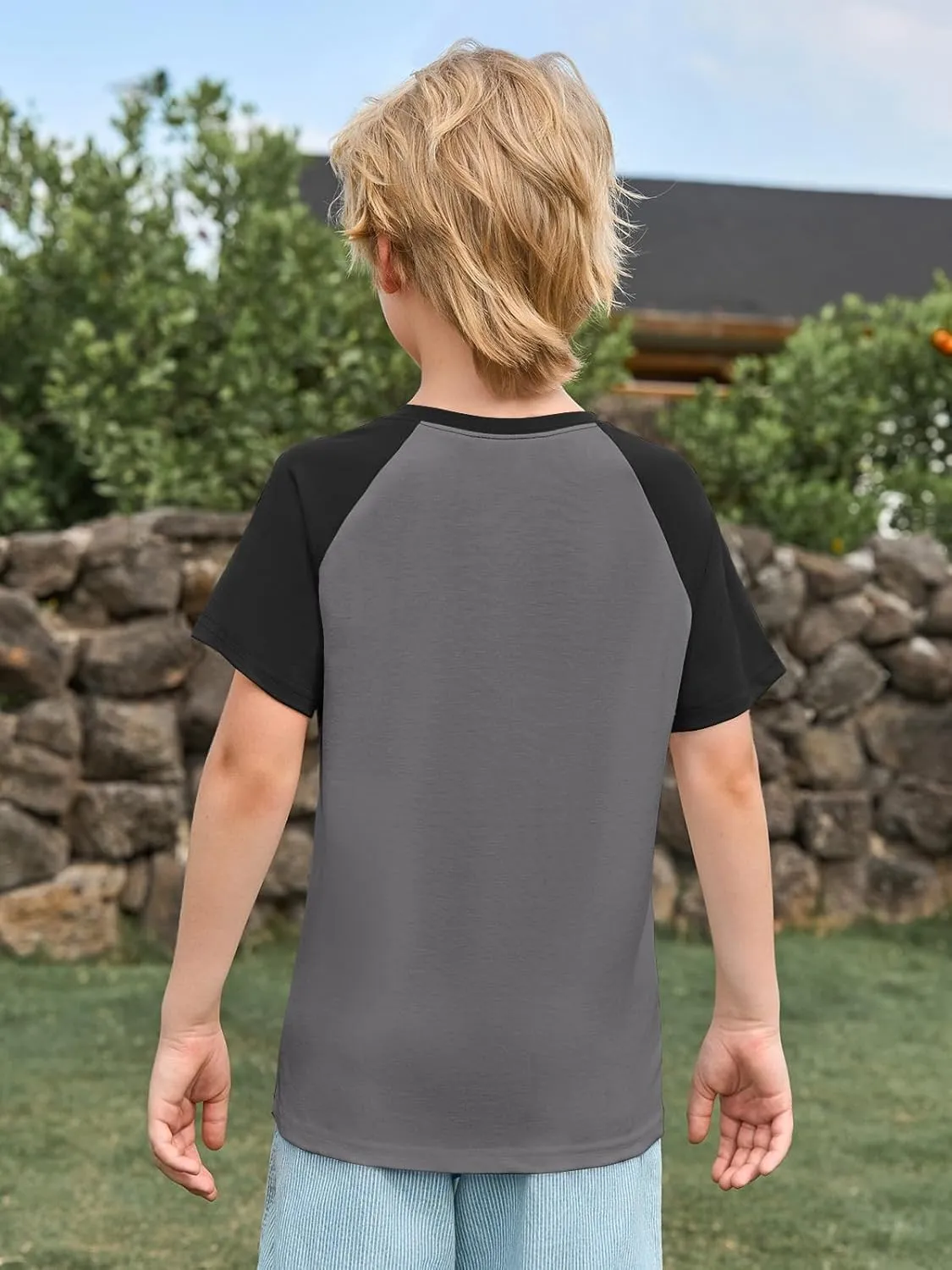 Haloumoning Boys Short Sleeve Raglan T Shirts Kids Basic Color-Block Tops Crewneck Tees 5-14 Years
