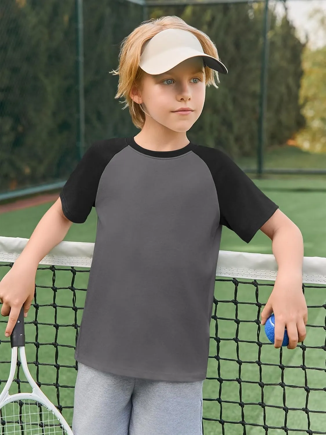 Haloumoning Boys Short Sleeve Raglan T Shirts Kids Basic Color-Block Tops Crewneck Tees 5-14 Years