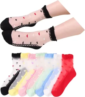 Heart Socks Mesh Ruffle Cuff Dot Dopamine Dressing Transparent High Ankle Sock for Teen Girl Women 7 Pairs