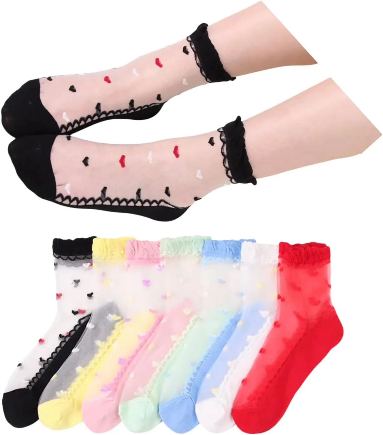 Heart Socks Mesh Ruffle Cuff Dot Dopamine Dressing Transparent High Ankle Sock for Teen Girl Women 7 Pairs