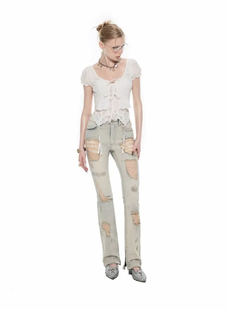 Heavyweight Vintage Washed Hole Slimming Jeans【s0000009425】