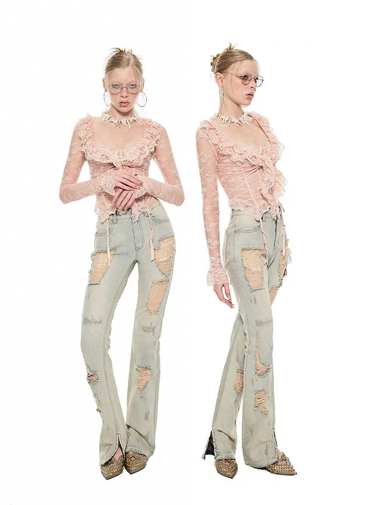 Heavyweight Vintage Washed Hole Slimming Jeans【s0000009425】